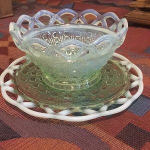 Antique Fenton  Rare Hobnail opalescent bowl & plate set light green /moonstone